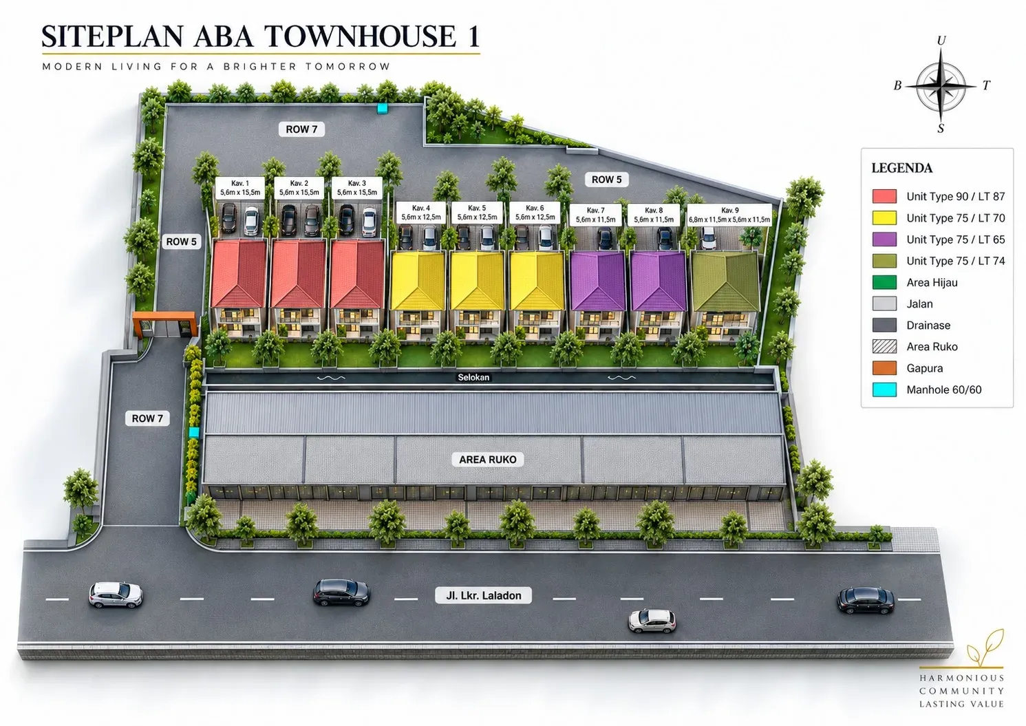Siteplan Aba Town House 1 menampilkan 9 kavling, area hijau, area ruko, dan gapura di Jl. Lingkar Laladon